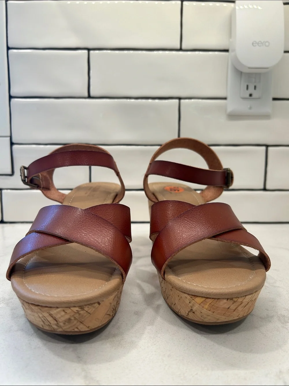 CUSHIONAIRE Women's Rosie Cork Wedge Sandal +Memory‎ Foam 9.5 Cognac Boho